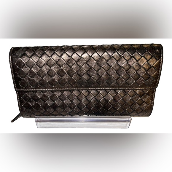 🖤 Bottega Veneta Intrecciato Leather Flap Top Snap Continental Wallet Metallic - Picture 2 of 14
